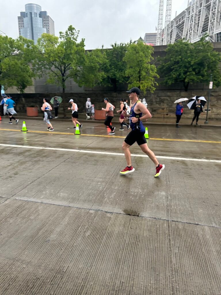 Coming to the finish of the Flying Pig Marathon