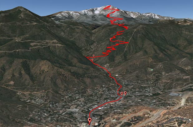 Picutre of the Pikes Peak Marathon route going up the mountain